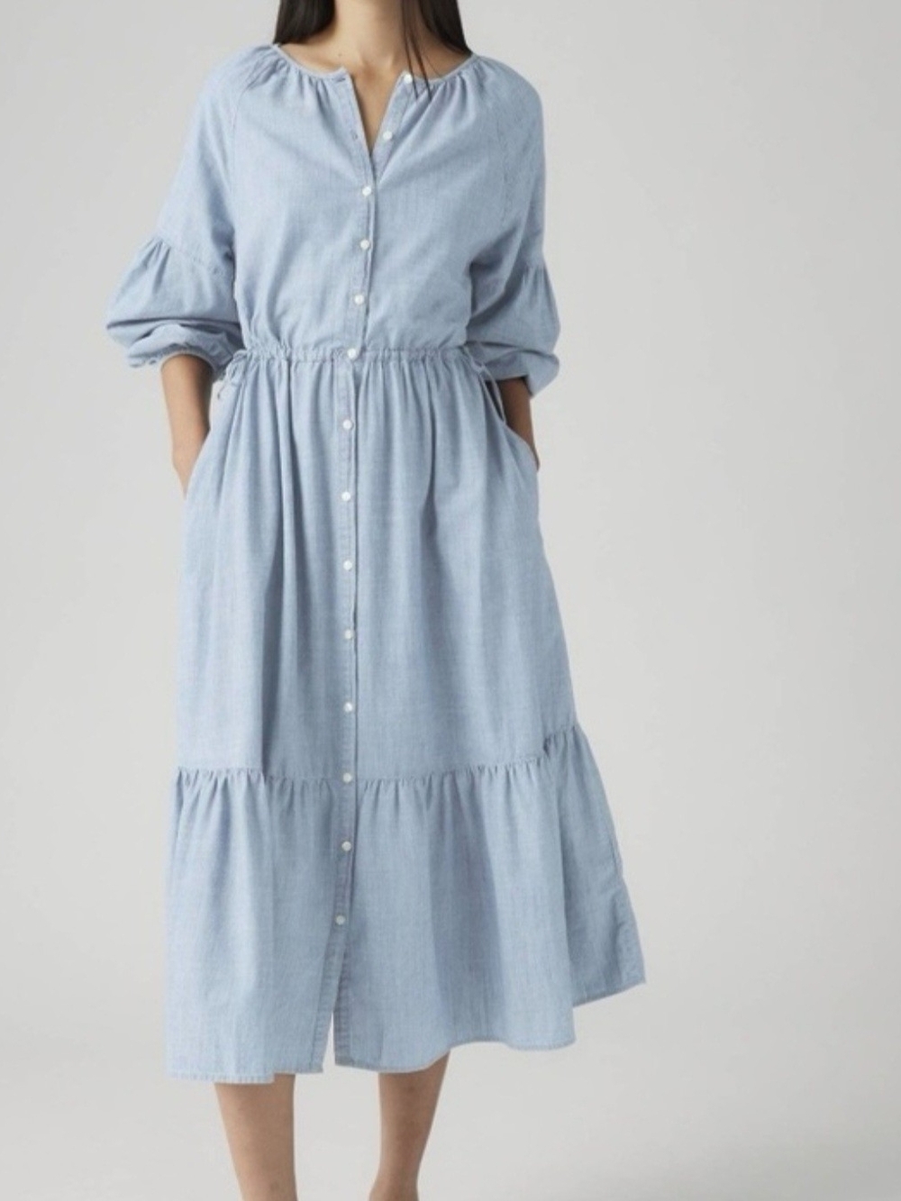 Levi’s Jolene Chambray Maxi Dress Light Blue Boho Tiered Button Front XXL